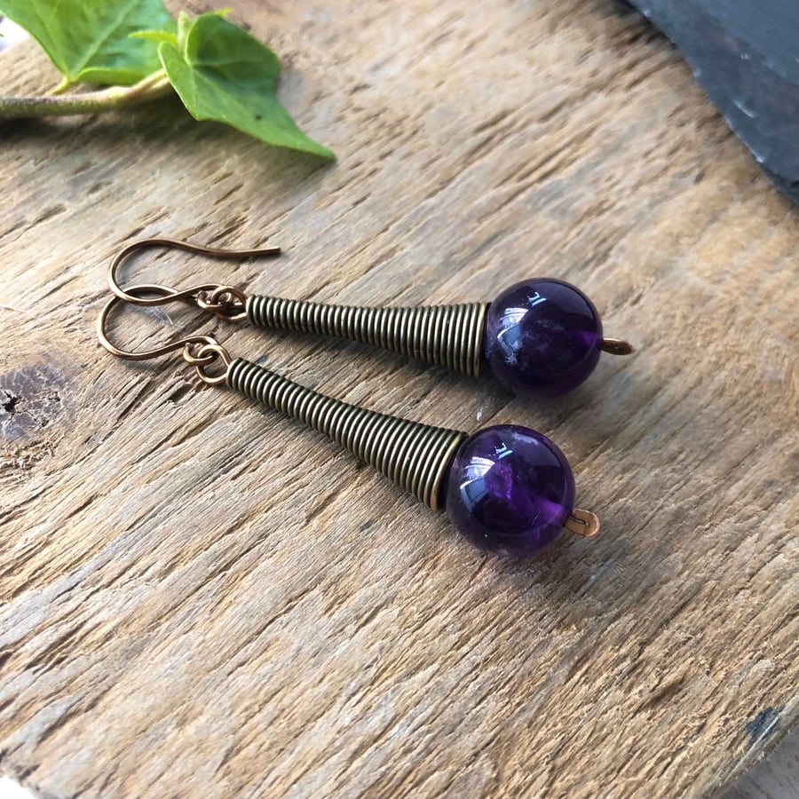 Amethyst Earrings With Bronze Cones. Bohemian Dangly Purple Gemstone Earrings, 