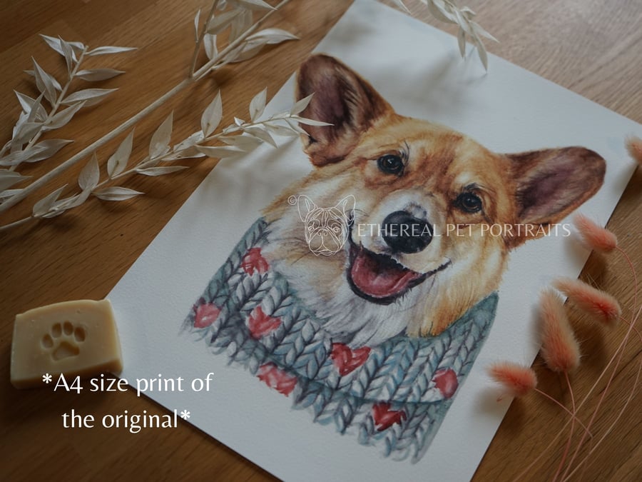 Watercolour Corgi Print - Dog in Cozy Jumper - Cute Pet Wall Art
