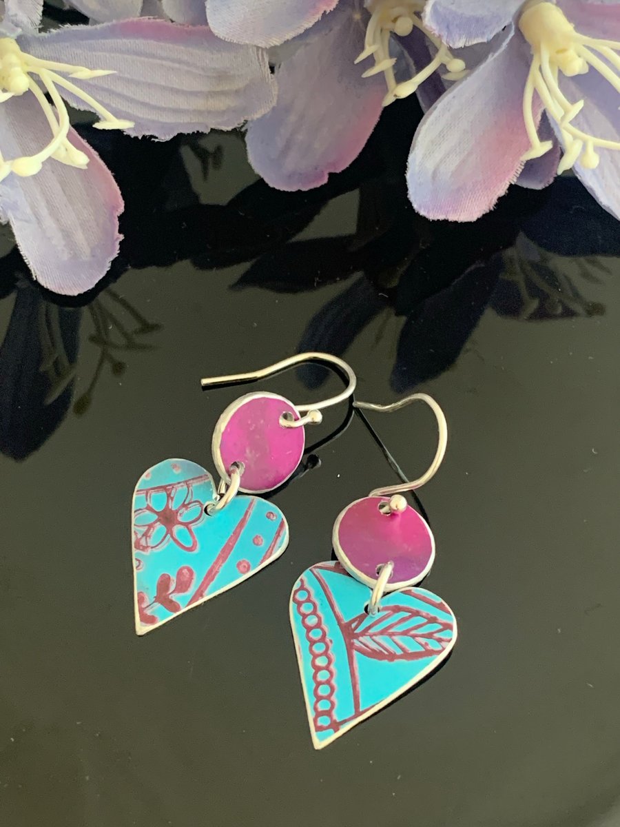 Printed Aluminium and sterling silver heart earrings - Turquoise and Cerise 