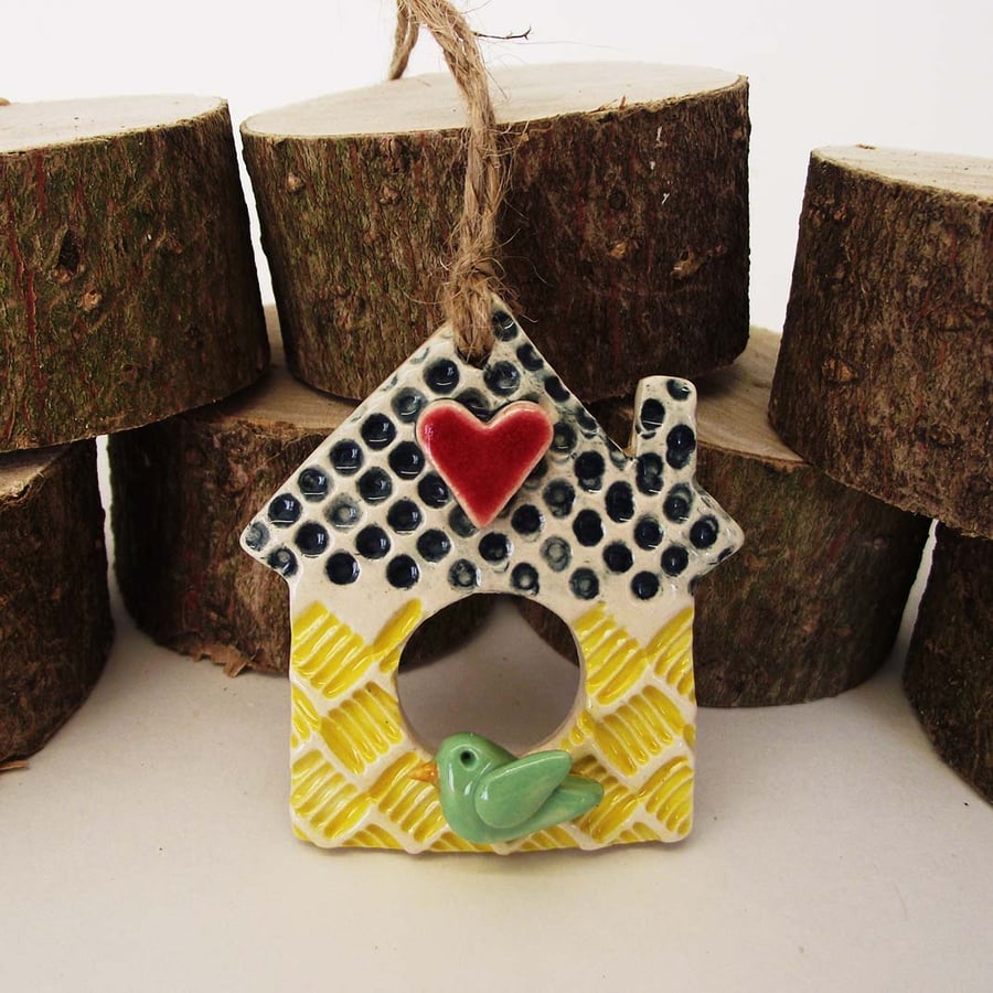 Tiny Ceramic house decoration Pottery Home with little bird