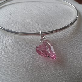 Sterling Silver Bangle with Rose Pink Crystal Heart