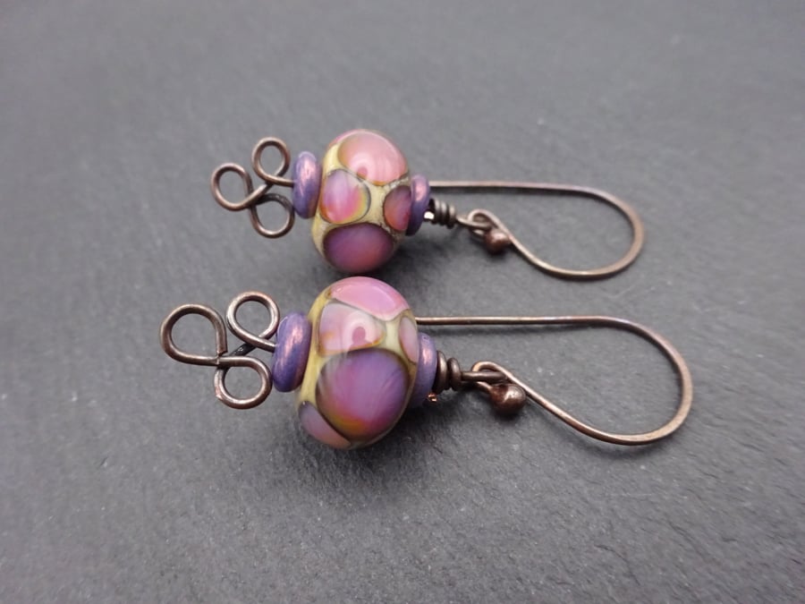 purple spot lampwork glass earrings, copper jewellery