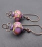 purple spot lampwork glass earrings, copper jewellery