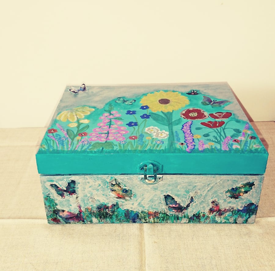 Hand painted and decoupaged Jewellery Box, Wildflowers and butterflies