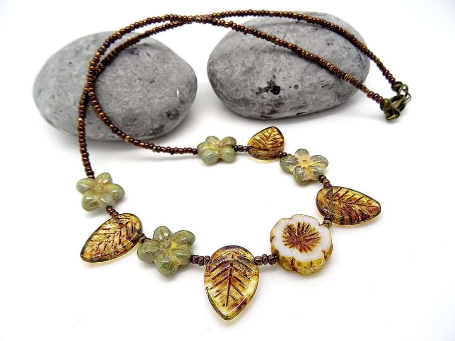 Vintage Style Flower and Leaf Czech Glass Necklace