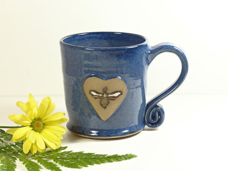 Big Blue Bee Mug - Handmade Wheelthrown Stoneware Pottery UK Large