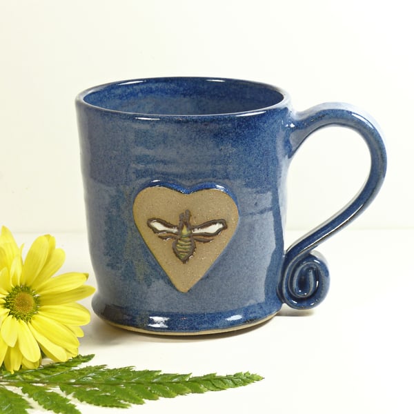 Big Blue Bee Mug - Handmade Wheelthrown Stoneware Pottery UK Large
