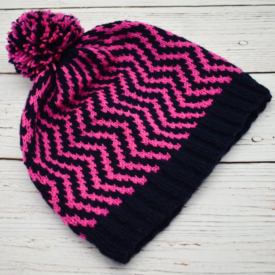 Hand Knitted Bobble hat with Chevron Design in Pink and Navy