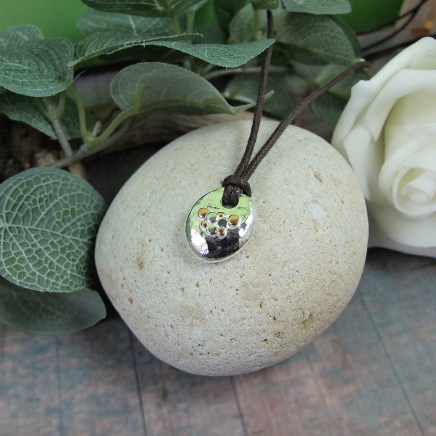 Recycled Silver Chunky Pebble Necklace with Copper Accents on Waxed Cord