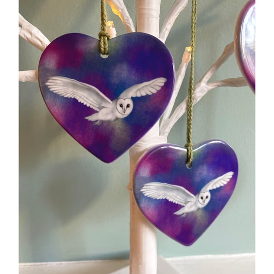 Heart shaped ceramic owl hanging - flying owl, owl ornament
