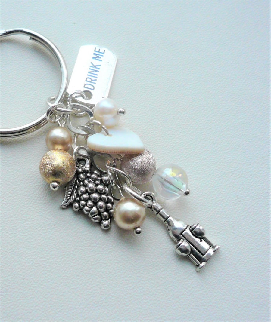 Prosecco Champagne 'Drink Me' Mixed Bead Silver Keyring or Bag Charm  KCJ2280