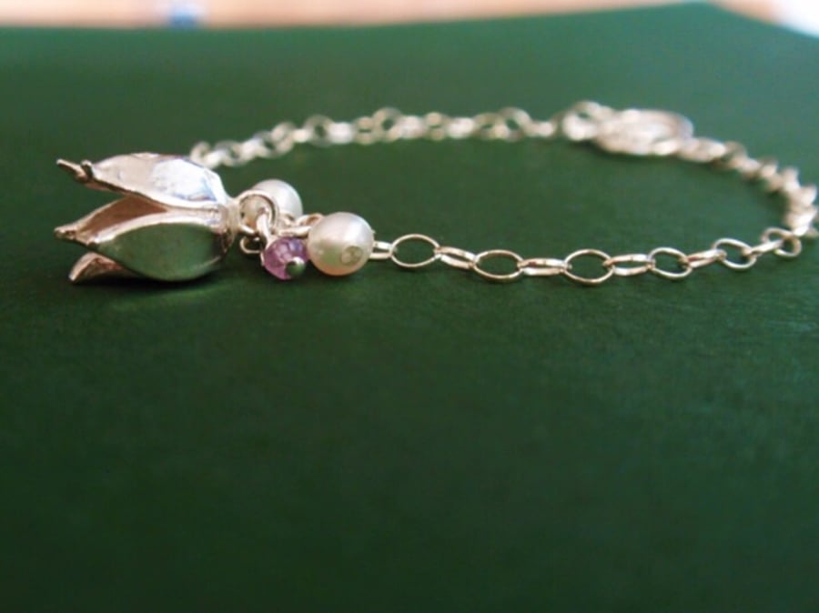 Sterling silver flower bracelet, cluster charm bracelet