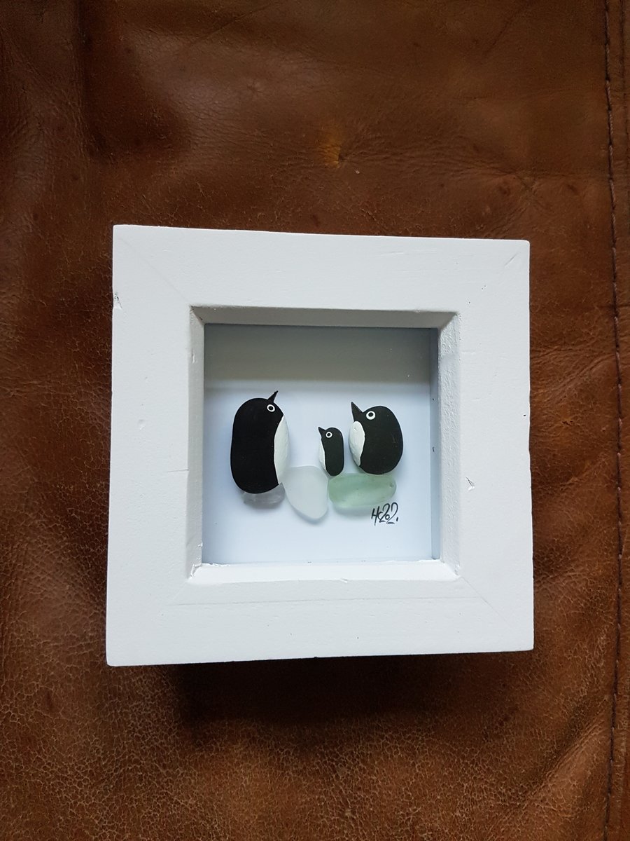 SALE - White Framed Sea Glass and Pebble Art Picture - Penguin Family - Cute