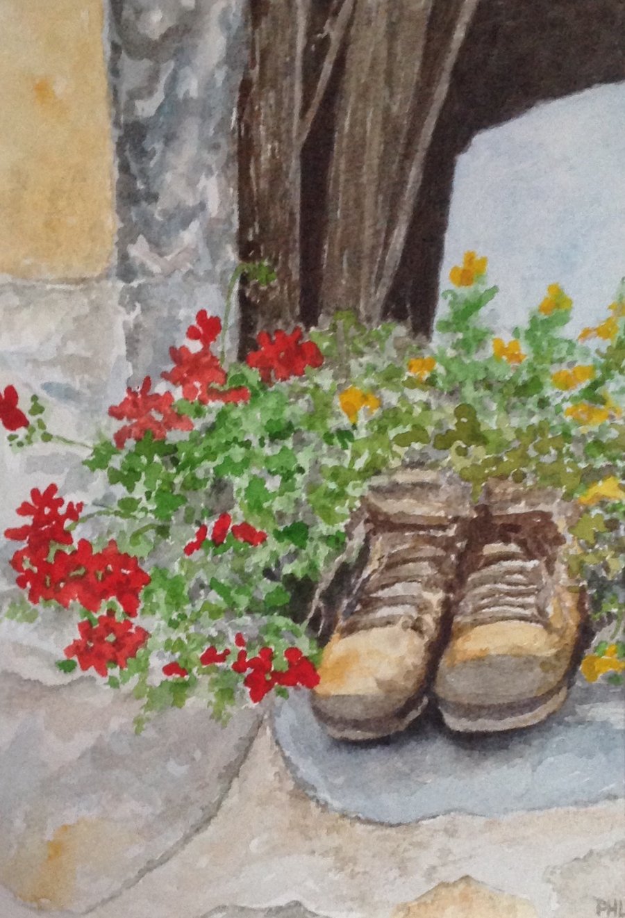 Geraniums On The Barn Windowsill original watercolour