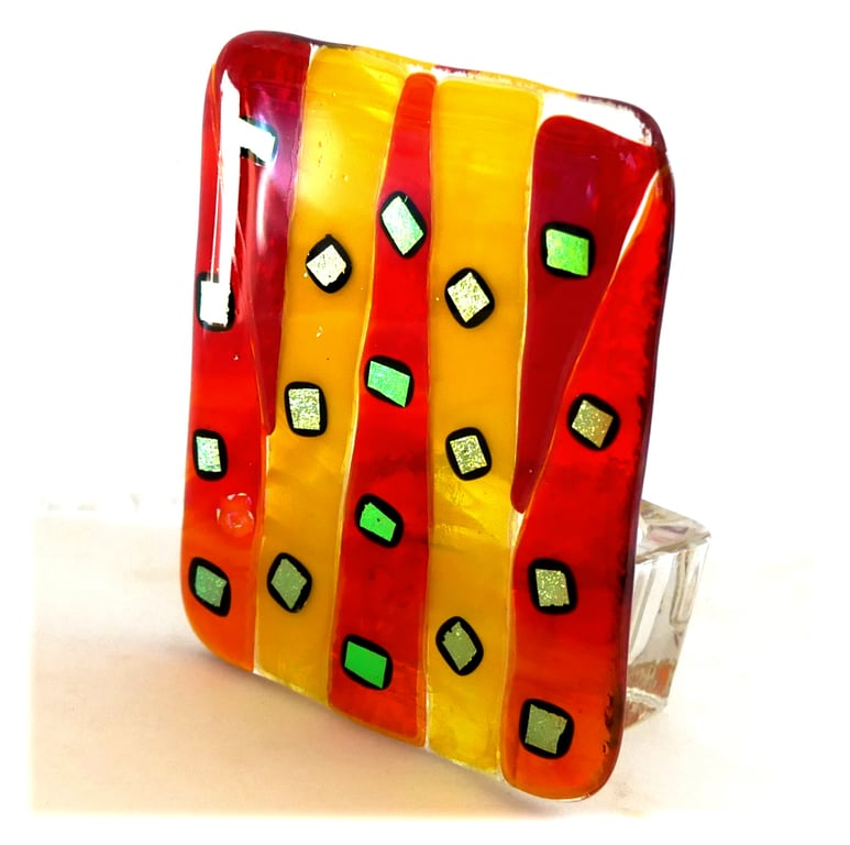 Candle Holder Fused Glass Tea light  Red Yellow  Dichroic 009