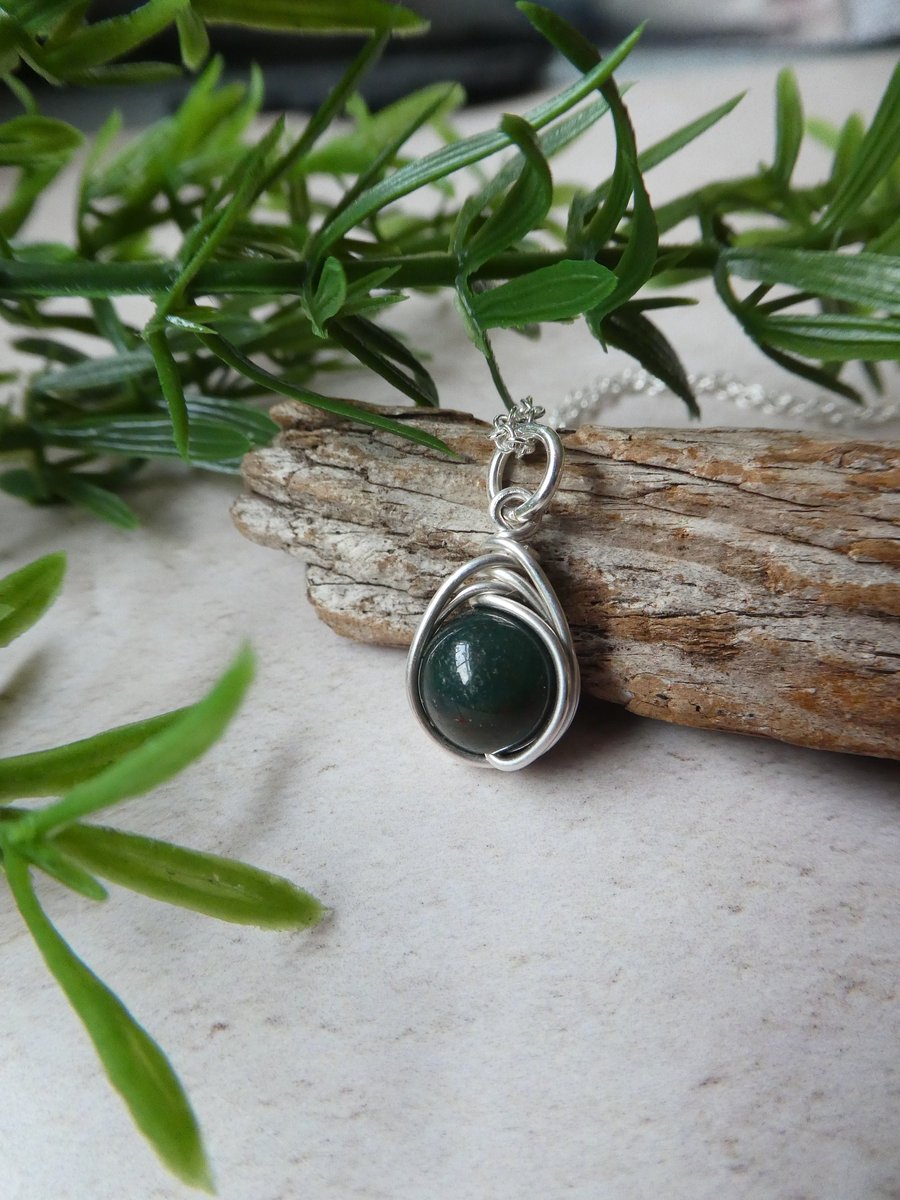 Gift for an Aries, March birthstone, sterling silver bloodstone necklace