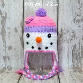 Crochet pink snowlady, snowman hat,  Age 3-6 years approx