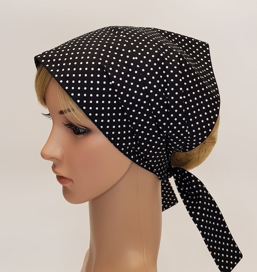 Polka dot black and white cotton head wear wide hair covering self tie bandanna