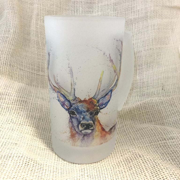 Stag Frosted Glass Tankard, Beer Stein, 500ml Drinks Glass with Handle. Watercol