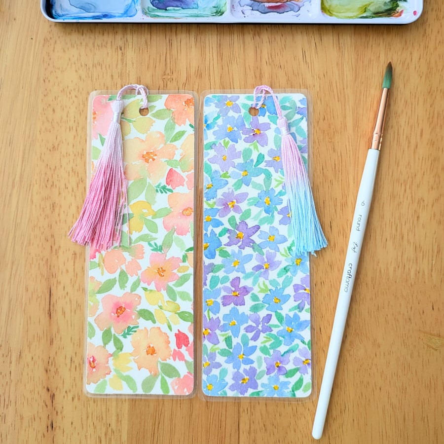 Bookmark Flowers Original Art, watercolour painting, laminated with tassel
