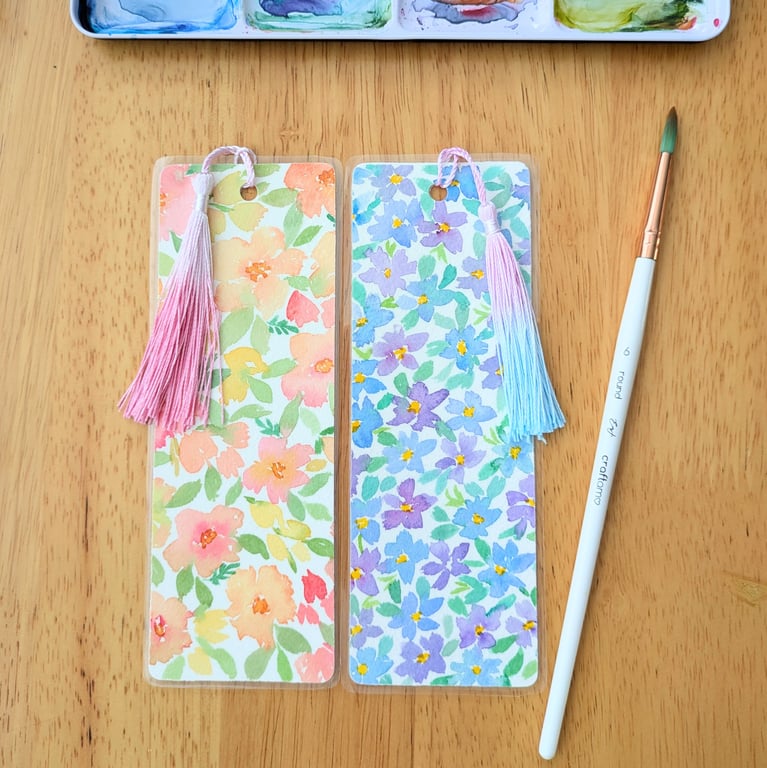 Bookmark Flowers Original Art, watercolour painting, laminated with tassel