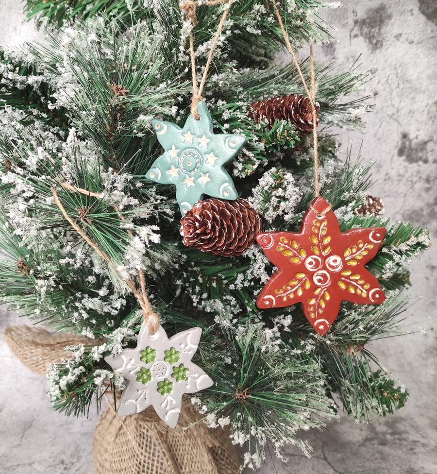 Nordic Rustic Snowflake Ornaments, Folk Art Christmas Hanging Décor, Set of 3