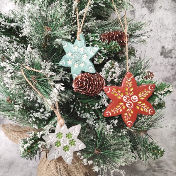 Nordic Rustic Snowflake Ornaments, Folk Art Christmas Hanging Décor, Set of 3