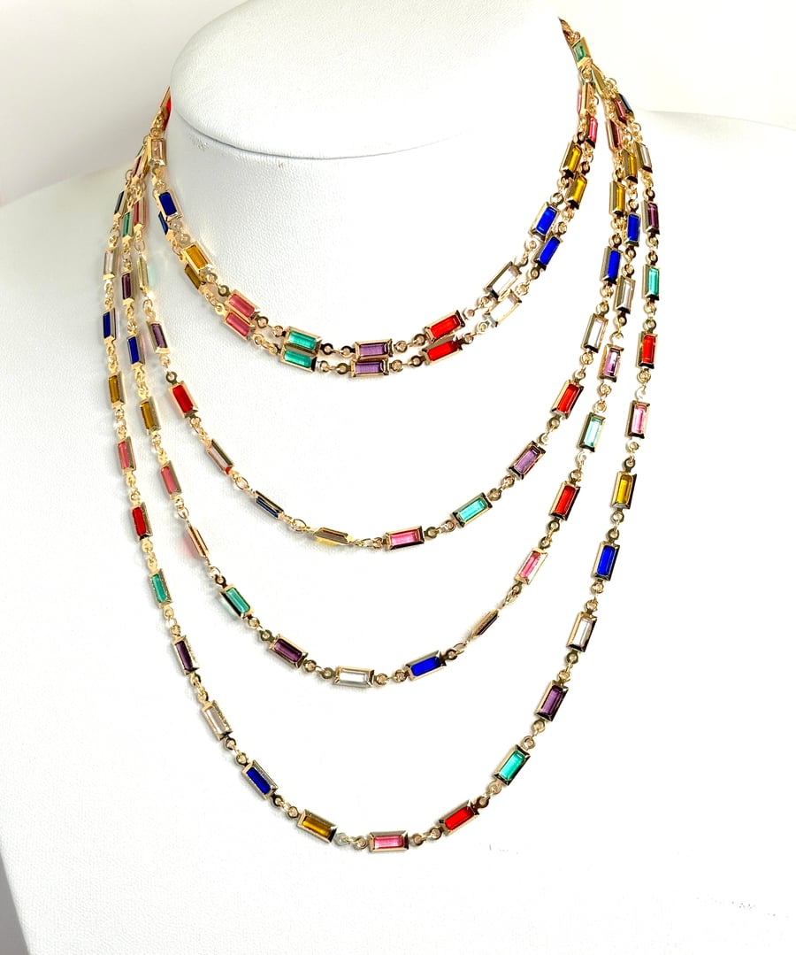 Long Multicolour Rectangle CZ Crystal Chain Necklace Gold 40 inch or 78 Inch