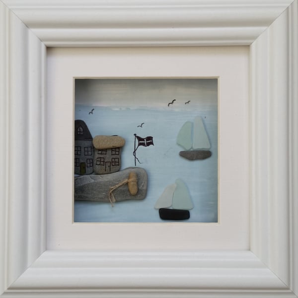 Cornish Cottages on the Quayside, sea glass art, pebble art