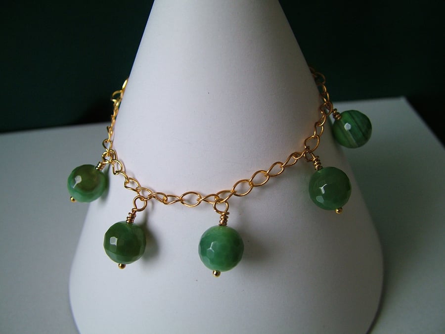 Green Agate Charm Bracelet - Genuine Gemstone - Handmade 