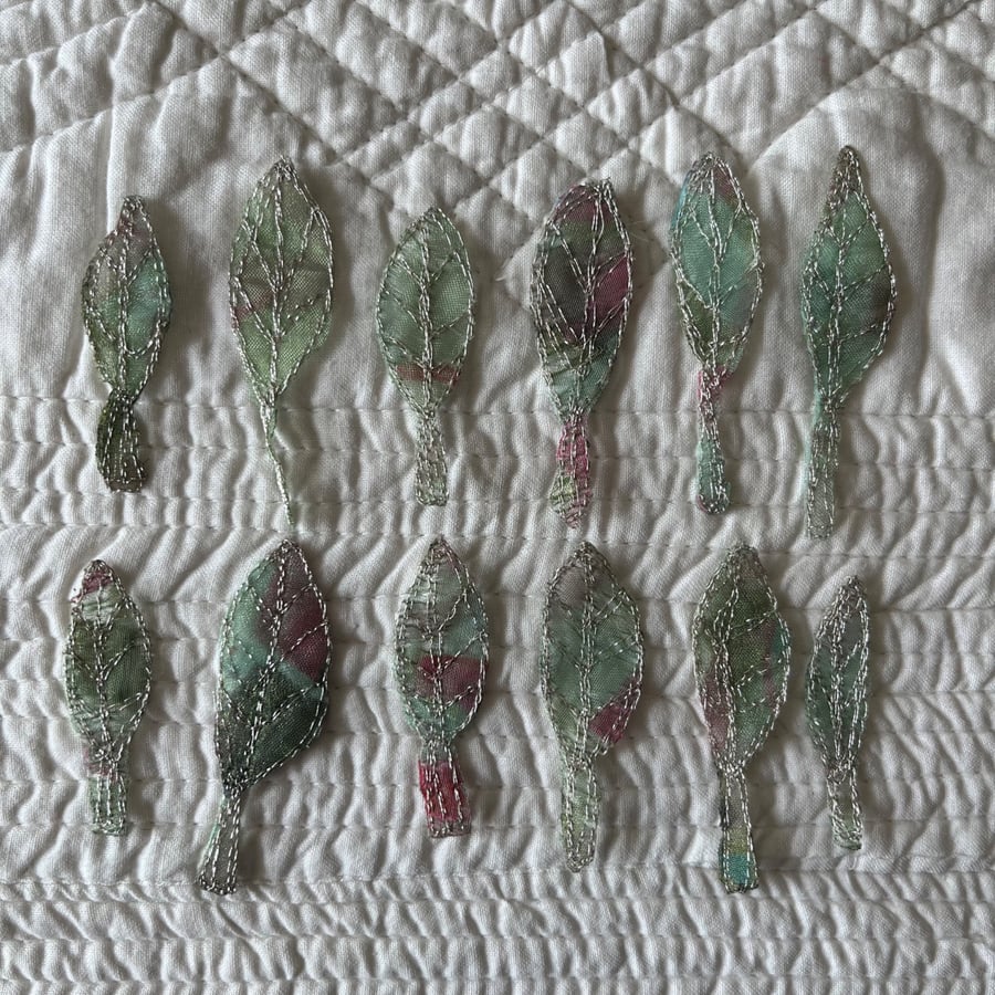12 Free Motion Embroidered Green Leaf Organza Embellishments Card Making 