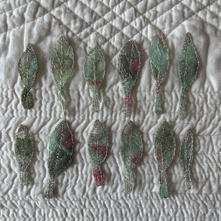 12 Free Motion Embroidered Green Leaf Organza Embellishments Card Making 