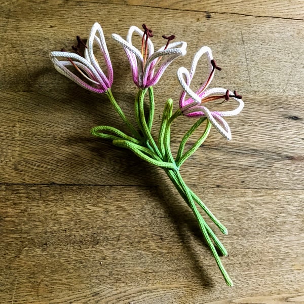 Lily - hand knitted, hand dyed natural cotton string and wire faux flower