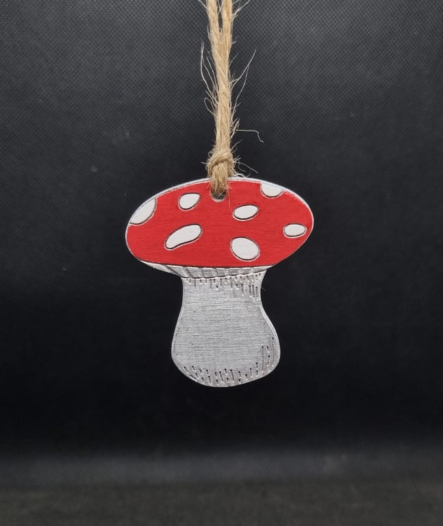 Mushroom hanging decoration, laser-cut and laser-etched on wood