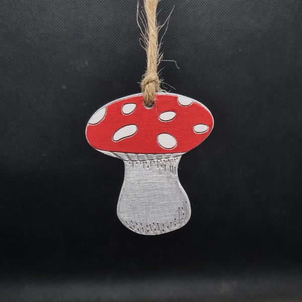 Mushroom hanging decoration, laser-cut and laser-etched on wood