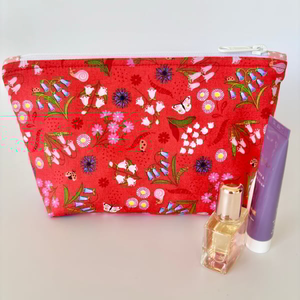 Make up bag, small toiletry bag, water resistant lining, red floral pattern