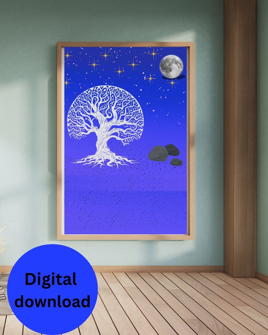 Tree And Moon Navy Blue and Gold Wall Art, Long Horizontal Starry Night Sky