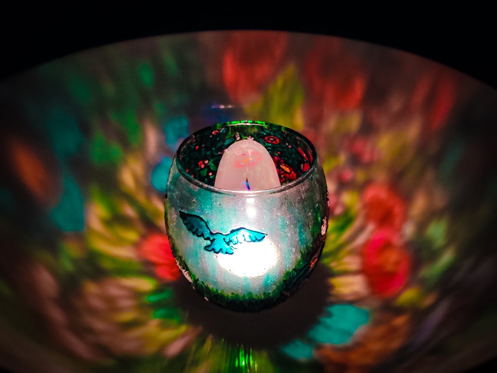 Hand-Painted Blue Bird & Flower Garden Tealight Holder – Sun Catcher