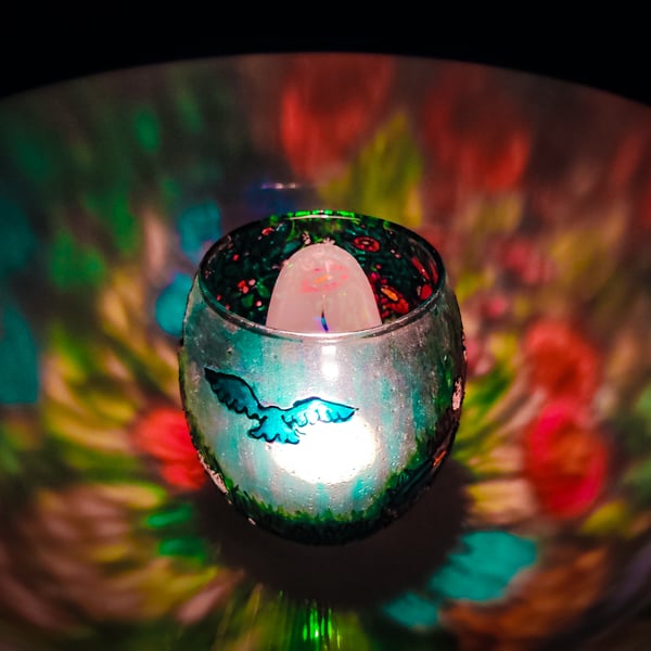 Hand-Painted Blue Bird & Flower Garden Tealight Holder – Sun Catcher