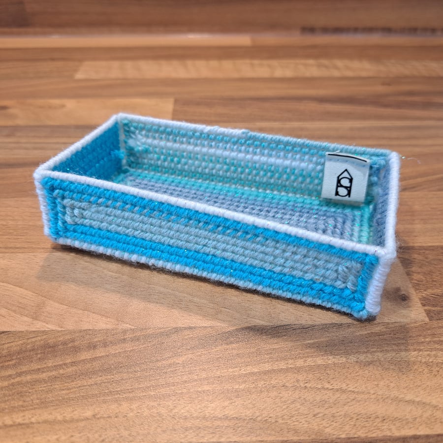 Desk tray for small items - blue, green, white, lilac pattern with glitter