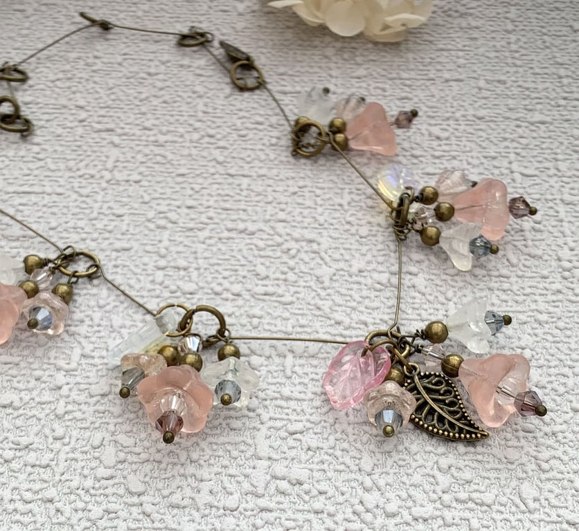 Czech Glass and Bronze Vintage Style Pink Floral Necklace Set
