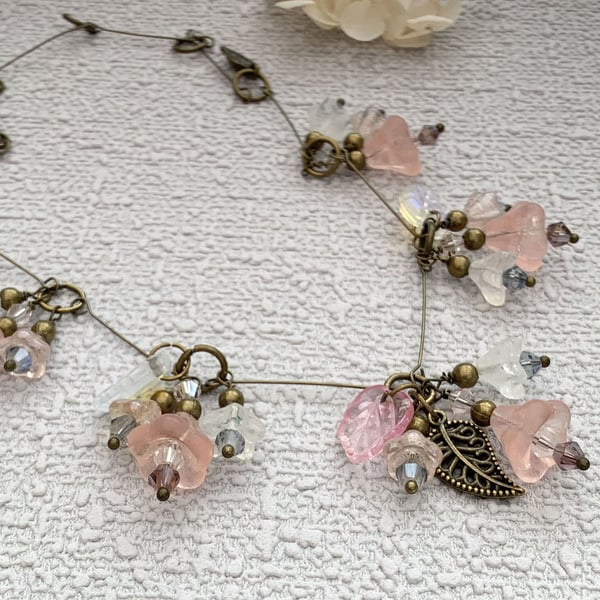 Czech Glass and Bronze Vintage Style Pink Floral Necklace Set