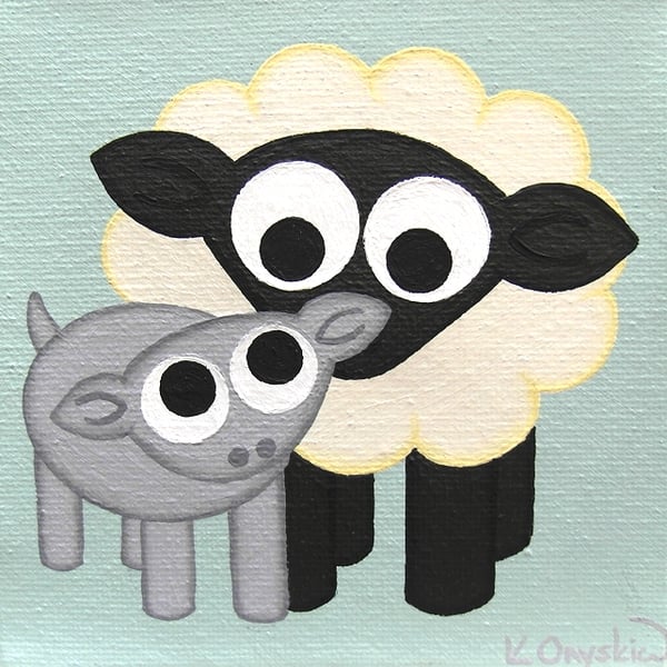 Sheep and Lamb Small Nursery Art - original acrylic painting of farmyard animals