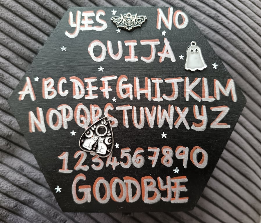 Black hexagonal ouija board painted wooden trinket box 