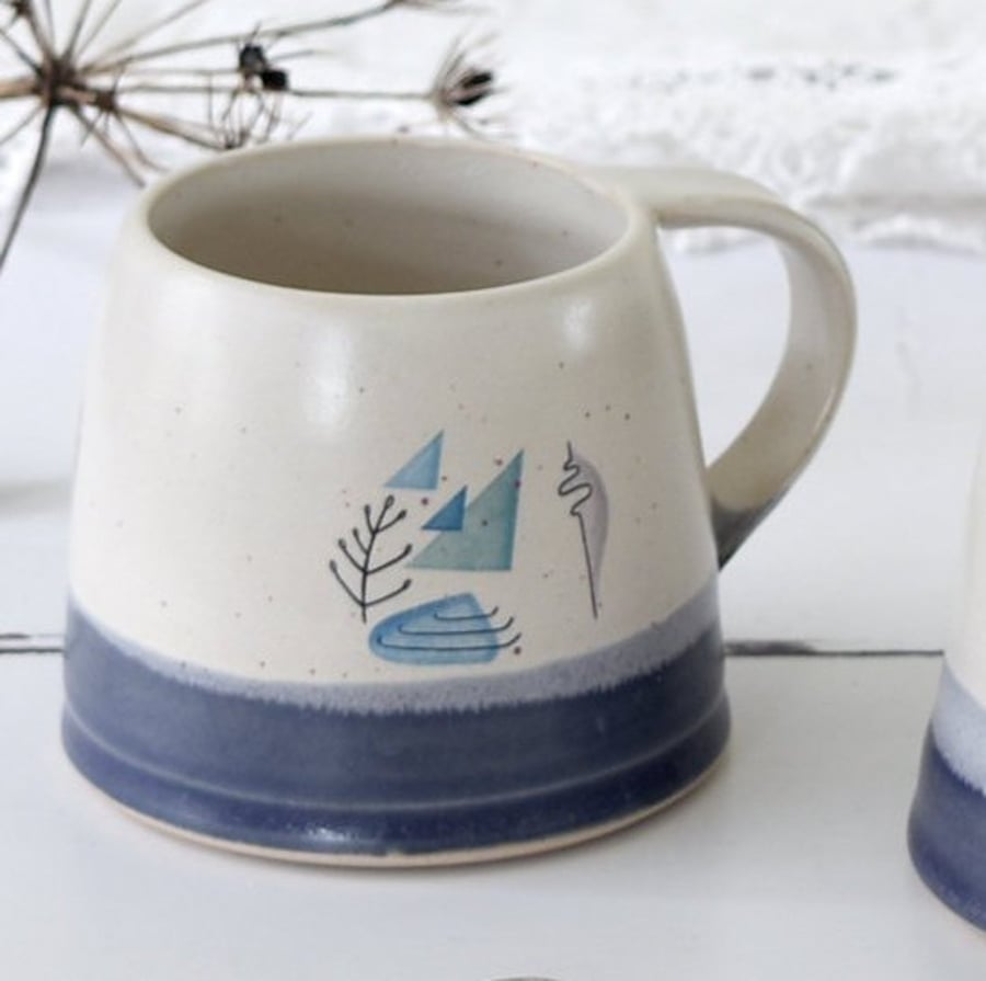 Nautical decor ceramic mug, blue and white ceramics, coastal inspired coffee mug