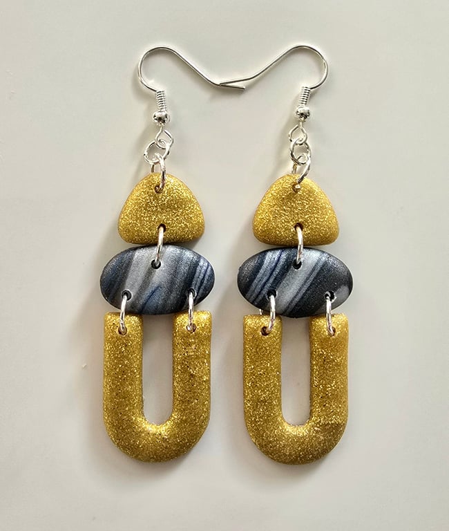 Polymer clay dangle gold effect earrings on silver plated earhooks