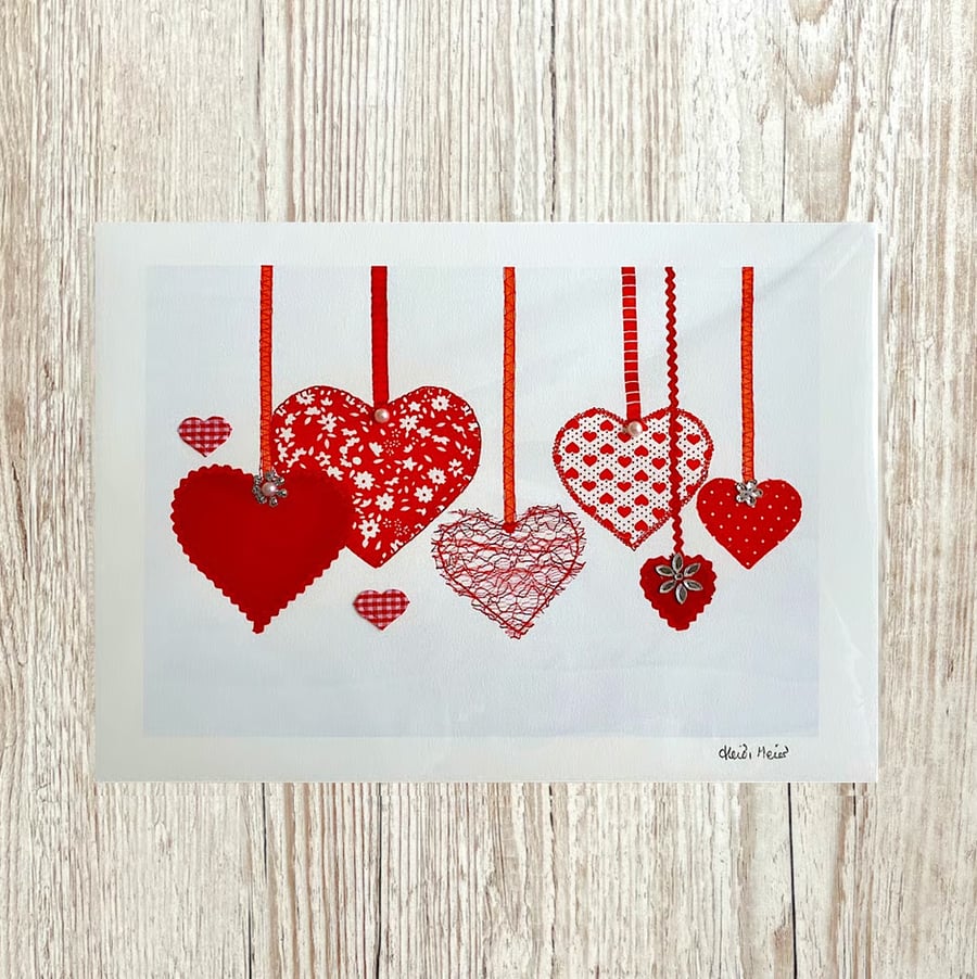 Scarlet Textile Hearts A4 embellished giclee print