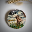 Needle felted little owl and Glastonbury tor brooch