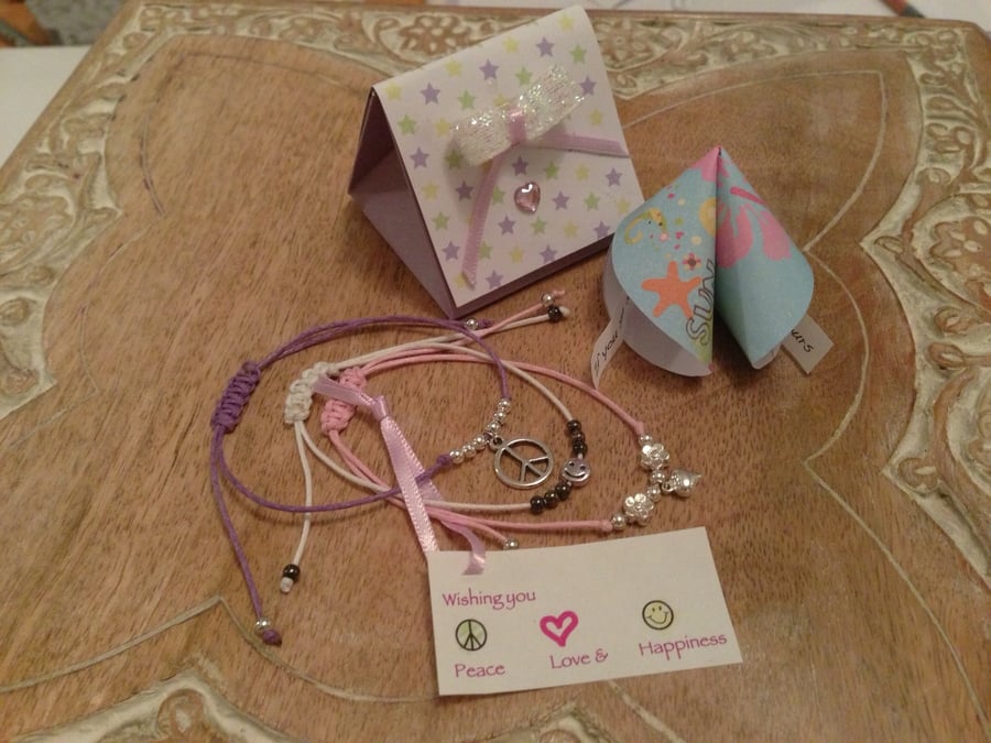 Set of three friendship bracelets -peace, love and happiness with fortune cookie