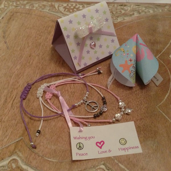 Set of three friendship bracelets -peace, love and happiness with fortune cookie